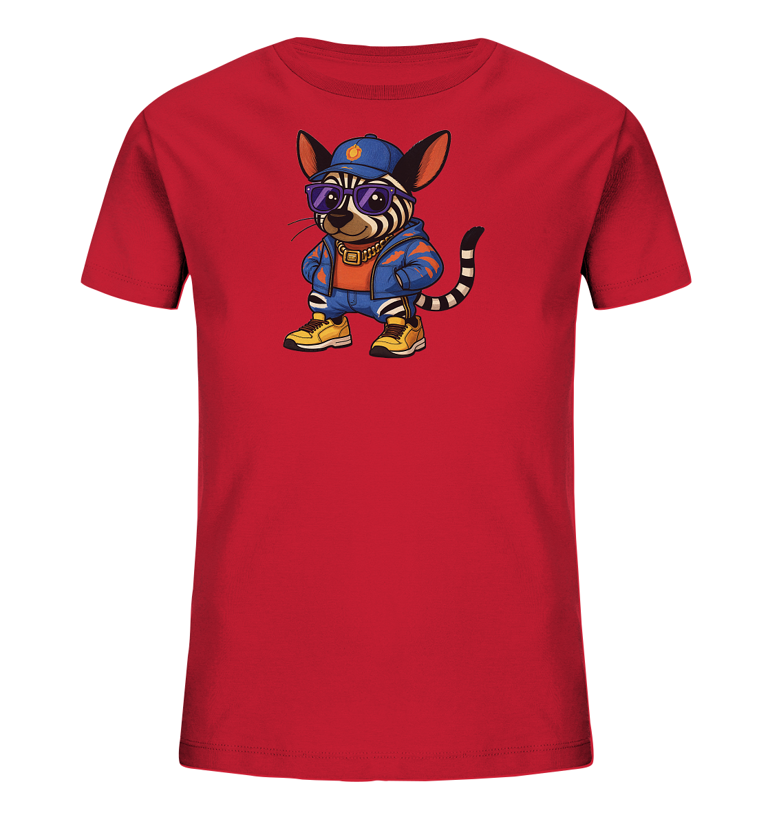 Onlineshop Shirts fuer Kinder - Das Bild zeigt ein rotes Kinder-T-Shirt mit einem auffaelligen, cartoonartigen Tier-Motiv auf der Vorderseite. Das Tier traegt eine blaue Kappe, eine Sonnenbrille, eine goldene Kette sowie eine blaue Jacke und gelbe Sneaker. Es steht laessig mit den Haenden in den Taschen. Das Design verleiht dem Shirt einen modischen und verspielten Look.