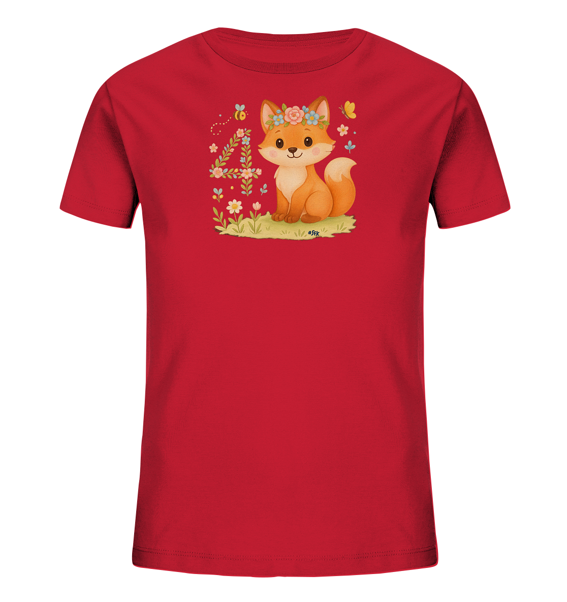 Onlineshop Shirts fuer Kinder - Das Bild zeigt ein rotes Kinder-T-Shirt mit einem niedlichen Motiv auf der Vorderseite. Zu sehen ist ein kleiner Fuchs mit Blumenkranz, der auf einer Wiese sitzt. Neben dem Fuchs befindet sich eine kunstvoll aus Pflanzen und Blumen geformte Zahl '4'. Schmetterlinge und Bienen ergaenzen die froehliche, fruehlingshafte Szene.