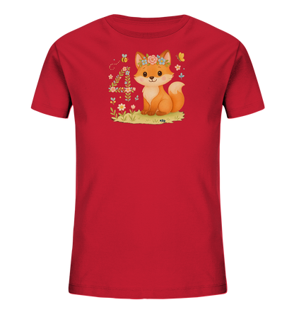 Onlineshop Shirts fuer Kinder - Das Bild zeigt ein rotes Kinder-T-Shirt mit einem niedlichen Motiv auf der Vorderseite. Zu sehen ist ein kleiner Fuchs mit Blumenkranz, der auf einer Wiese sitzt. Neben dem Fuchs befindet sich eine kunstvoll aus Pflanzen und Blumen geformte Zahl '4'. Schmetterlinge und Bienen ergaenzen die froehliche, fruehlingshafte Szene.