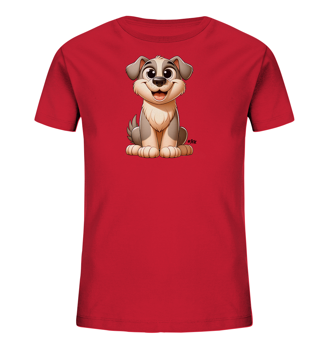 Onlineshop Shirts fuer Kinder - Dieses rote T-Shirt fuer Kinder zeigt einen niedlichen Cartoon-Hund. Der Hund sitzt aufrecht, hat ein freundliches Laecheln und grau-beiges Fell. Seine grossen Augen und Ohren verleihen ihm einen liebenswerten Ausdruck. Dieses Motiv ist ein froehlicher Blickfang auf dem Shirt.