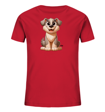 Onlineshop Shirts fuer Kinder - Dieses rote T-Shirt fuer Kinder zeigt einen niedlichen Cartoon-Hund. Der Hund sitzt aufrecht, hat ein freundliches Laecheln und grau-beiges Fell. Seine grossen Augen und Ohren verleihen ihm einen liebenswerten Ausdruck. Dieses Motiv ist ein froehlicher Blickfang auf dem Shirt.