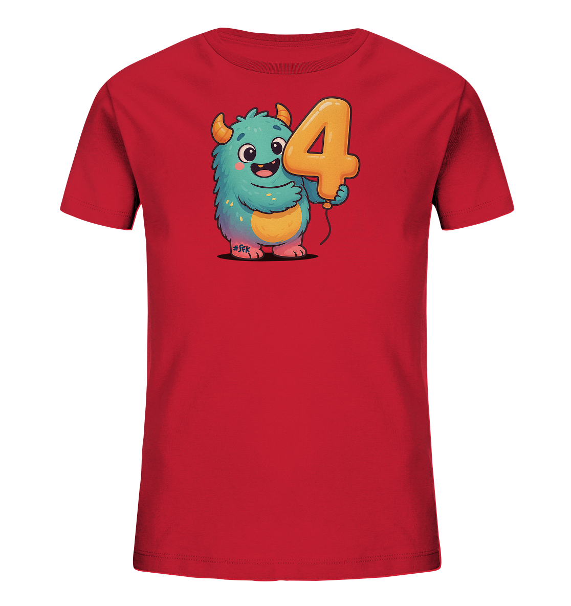 Onlineshop Shirts fuer Kinder - Das Bild zeigt ein rotes T-Shirt fuer Kinder. Auf der Vorderseite befindet sich eine Illustration eines freundlichen, blauen Monsters mit Hoernern und gelbem Bauch. Das Monster haelt einen goldenen Ballon in Form der Zahl 4. Das Design wirkt froehlich und farbenfroh.