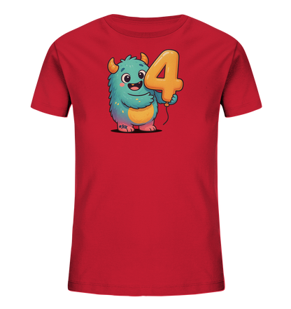 Onlineshop Shirts fuer Kinder - Das Bild zeigt ein rotes T-Shirt fuer Kinder. Auf der Vorderseite befindet sich eine Illustration eines freundlichen, blauen Monsters mit Hoernern und gelbem Bauch. Das Monster haelt einen goldenen Ballon in Form der Zahl 4. Das Design wirkt froehlich und farbenfroh.