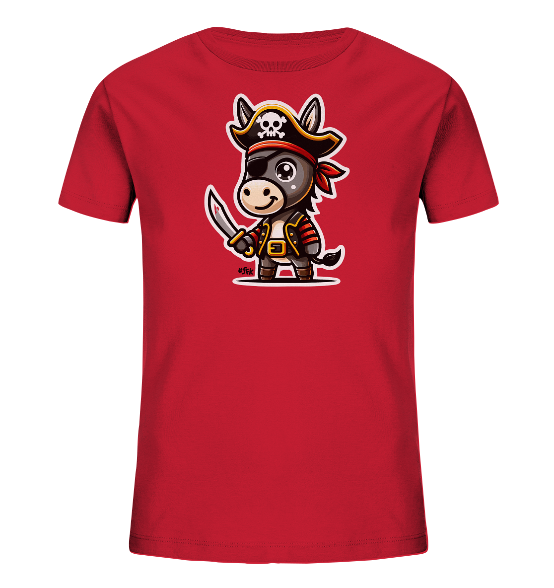 Onlineshop Shirts fuer Kinder - Das Bild zeigt ein rotes Kinder-T-Shirt mit einem aufgedruckten Motiv. Das Motiv stellt ein niedliches, cartoonhaftes Tier dar, das als Pirat verkleidet ist. Das Tier traegt einen Piratenhut, eine Augenklappe und haelt einen Saebel in der Hand. Das Design ist farbenfroh und verspielt, ideal fuer Kinder.