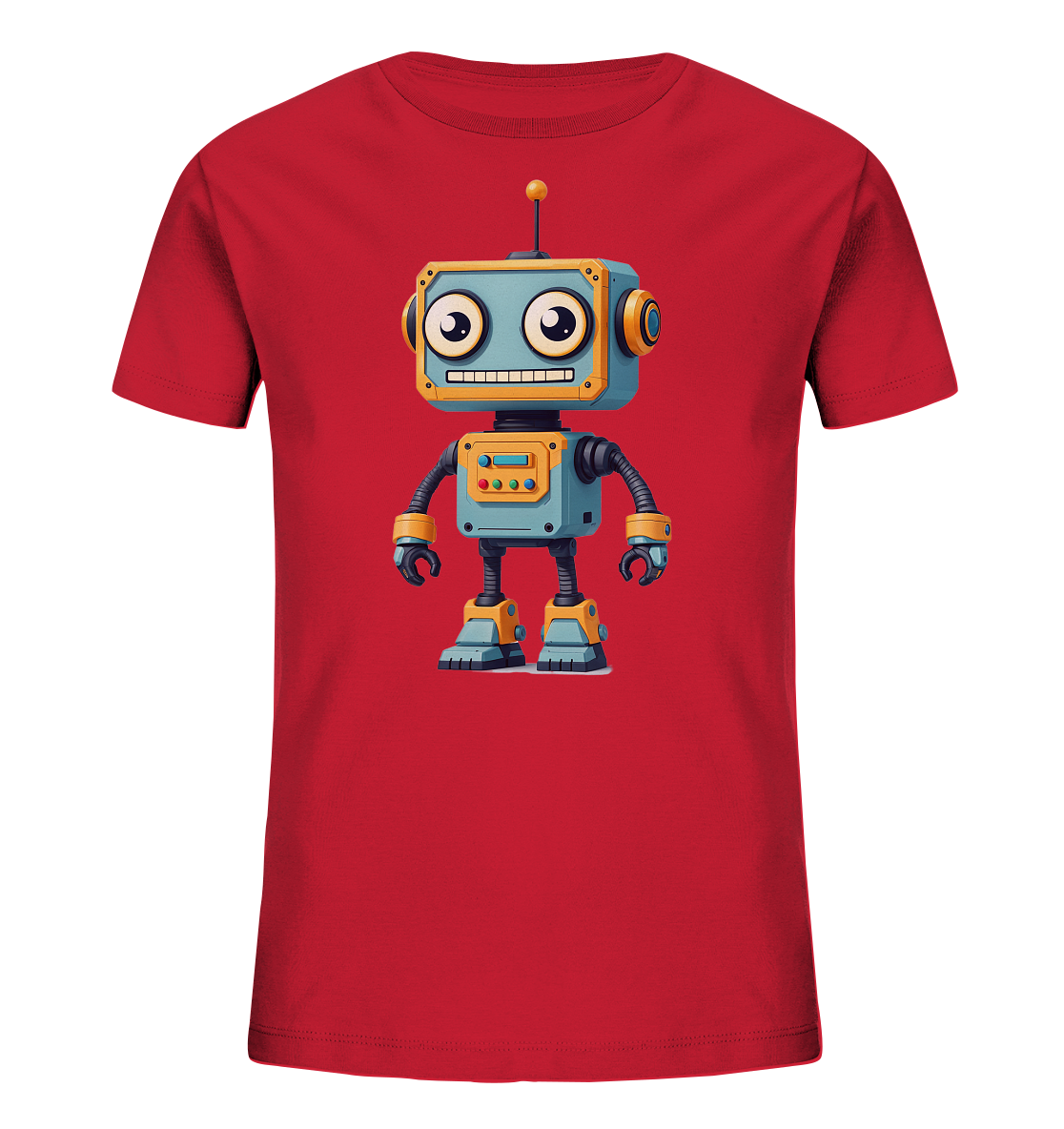 Onlineshop Shirts für Kinder - Das Bild zeigt ein rotes Kinder-T-Shirt mit einem farbenfrohen, cartoonartigen Robotermotiv auf der Vorderseite. Der Roboter ist in blauen, gelben und orangefarbenen Tönen gehalten und hat große, freundliche Augen sowie ein lächelndes Maul mit Zähnen. Er verfügt über eine Antenne auf dem Kopf, gelbe Füße und orangefarbene Akzente an Armen und Beinen. Dieses Design verleiht dem Shirt einen verspielten und technischen Look, der Kinder ansprechen dürfte.