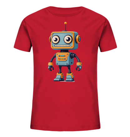 Onlineshop Shirts für Kinder - Das Bild zeigt ein rotes Kinder-T-Shirt mit einem farbenfrohen, cartoonartigen Robotermotiv auf der Vorderseite. Der Roboter ist in blauen, gelben und orangefarbenen Tönen gehalten und hat große, freundliche Augen sowie ein lächelndes Maul mit Zähnen. Er verfügt über eine Antenne auf dem Kopf, gelbe Füße und orangefarbene Akzente an Armen und Beinen. Dieses Design verleiht dem Shirt einen verspielten und technischen Look, der Kinder ansprechen dürfte.
