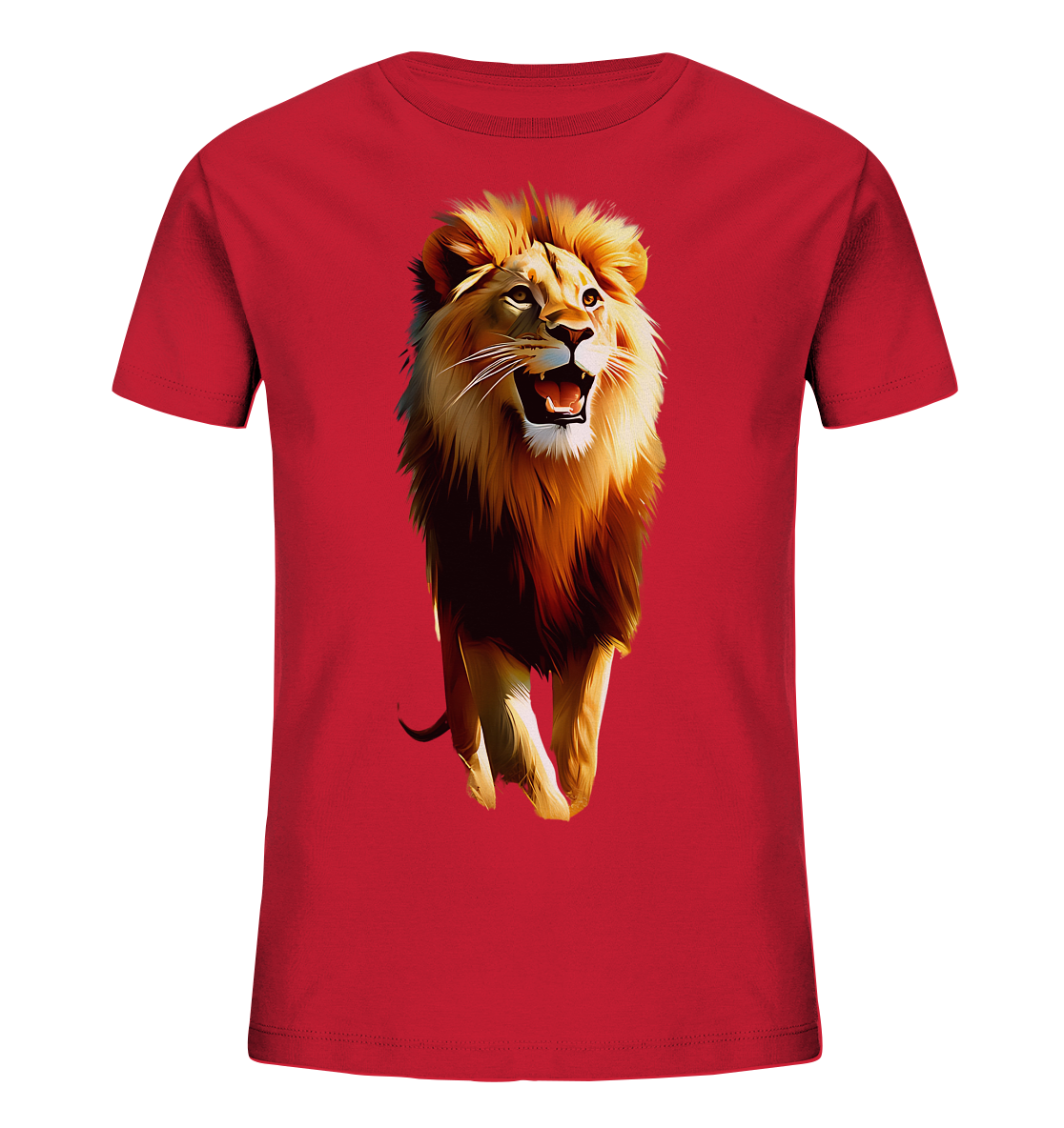 Onlineshop Shirts fuer Kinder - Das Bild zeigt ein rotes Kinder-T-Shirt mit einer eindrucksvollen Grafik auf der Vorderseite. Abgebildet ist ein Loewe mit praechtiger Maehne, der auf den Betrachter zukommt. Das Tier ist in einem realistischen Stil mit satten Farben dargestellt und hat das Maul leicht geoeffnet. Ein kraftvolles Motiv fuer junge Tierfreunde.