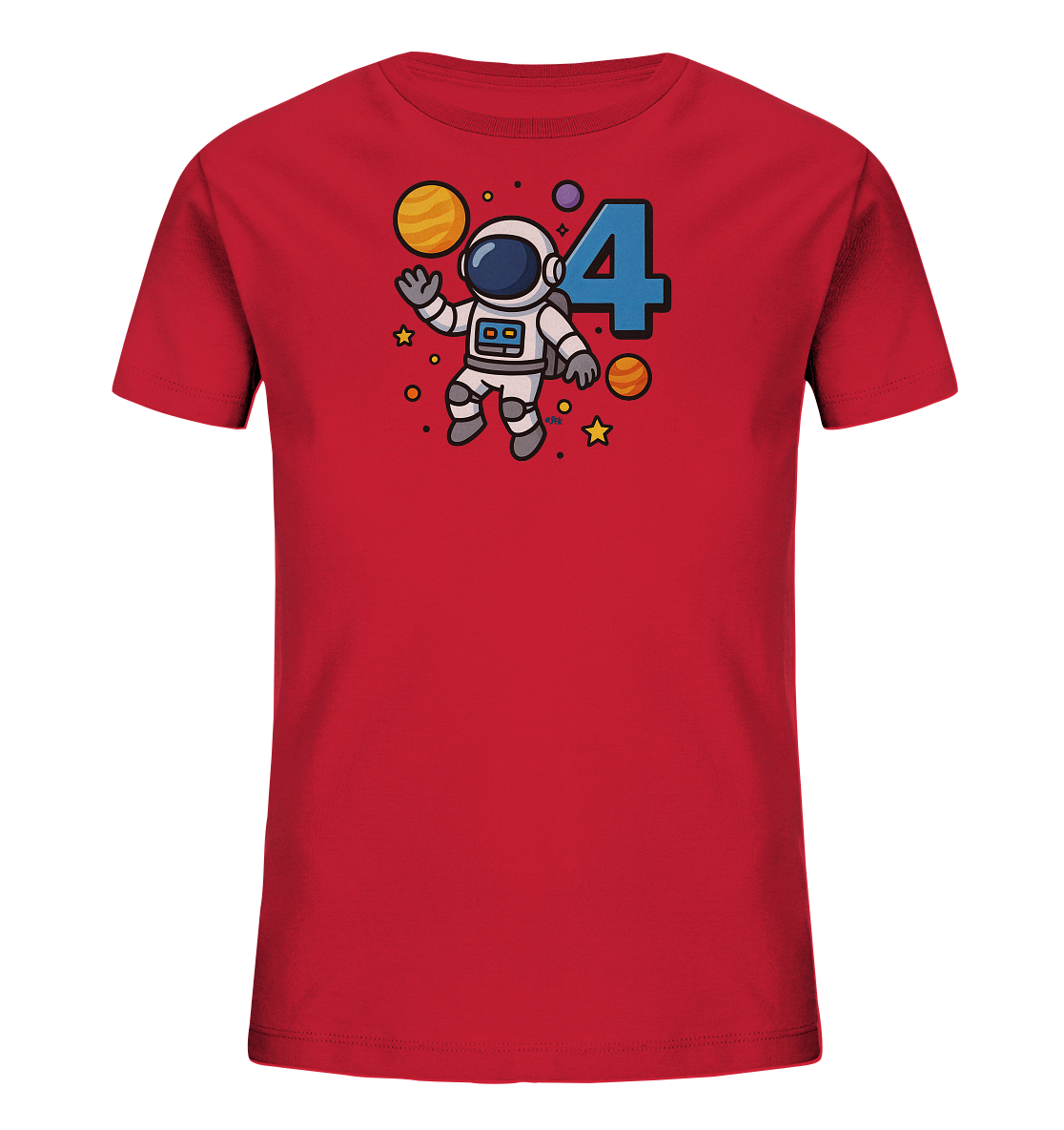 Onlineshop Shirts fuer Kinder - Das Bild zeigt ein rotes T-Shirt fuer Kinder mit einem farbenfrohen Weltraum-Design auf der Vorderseite. Ein Comic-Astronaut schwebt inmitten von Sternen und Planeten. Daneben ist prominent die Zahl '4' in Blau dargestellt. Das Motiv verleiht dem Shirt einen verspielten und abenteuerlichen Look.