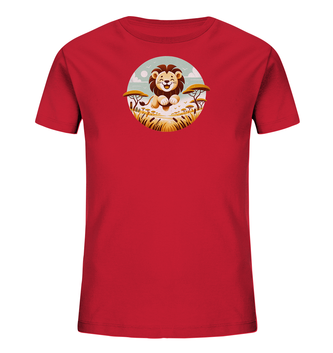 Onlineshop Shirts fuer Kinder - Das Bild zeigt ein rotes T-Shirt mit einem runden Druck auf der Vorderseite. Der Druck zeigt einen lachenden Cartoon-Loewen. Dieser sitzt inmitten einer afrikanischen Savannenlandschaft mit Graesern und Baeumen unter einem hellblauen Himmel. Das Design ist farbenfroh und wirkt sehr freundlich.
