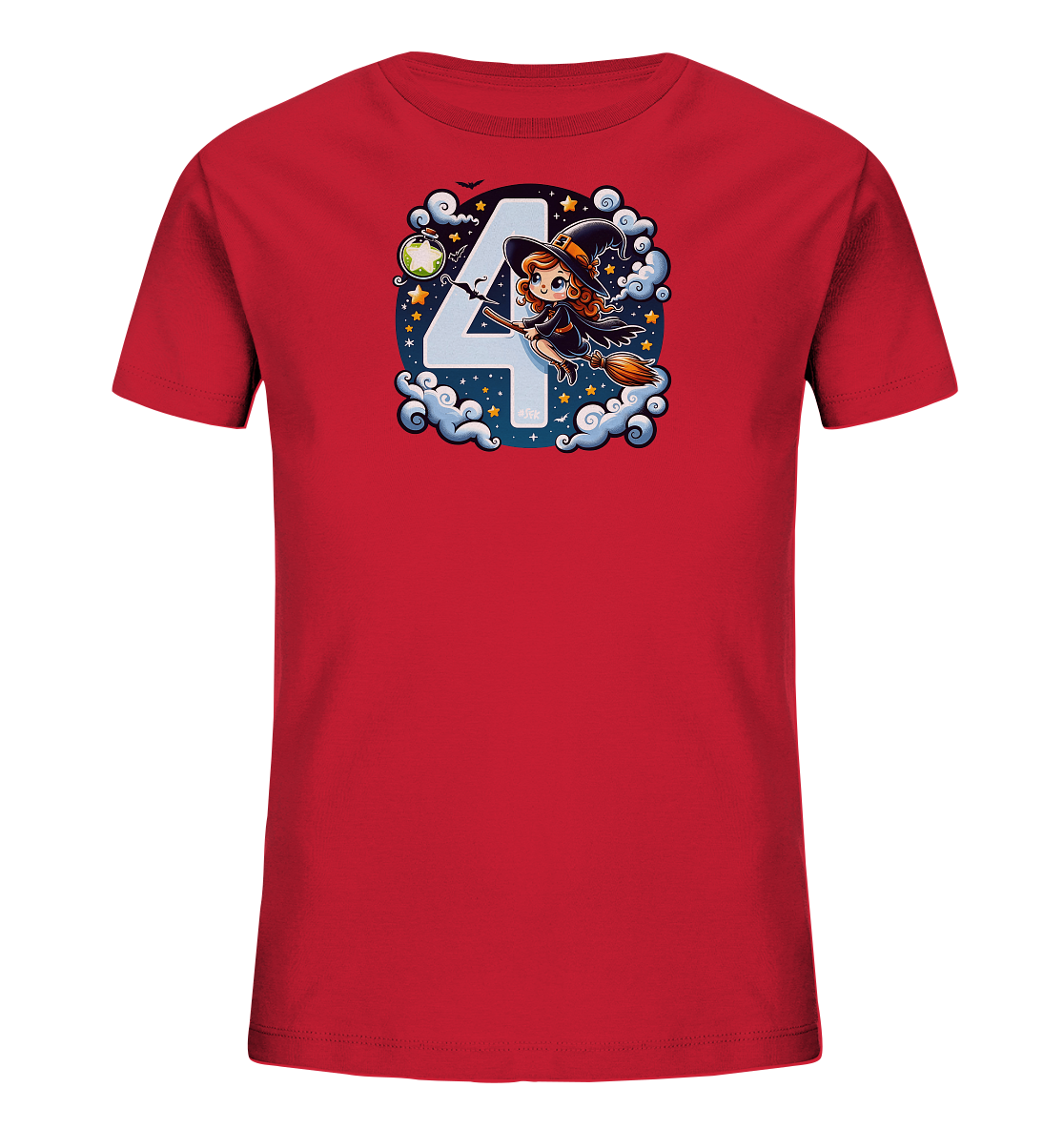 Onlineshop Shirts fuer Kinder - Das Bild zeigt ein rotes Kinder-T-Shirt mit einer zentralen Grafik. Die Grafik umfasst eine grosse Zahl 4 in heller Farbe, die vor einem Sternenhimmel mit Wolken platziert ist. Eine Cartoon-Hexe fliegt auf einem Besen prominent vor der Zahl 4. Weitere Details wie eine Trankflasche, Fledermaeuse und Sterne ergaenzen das verspielte Design.