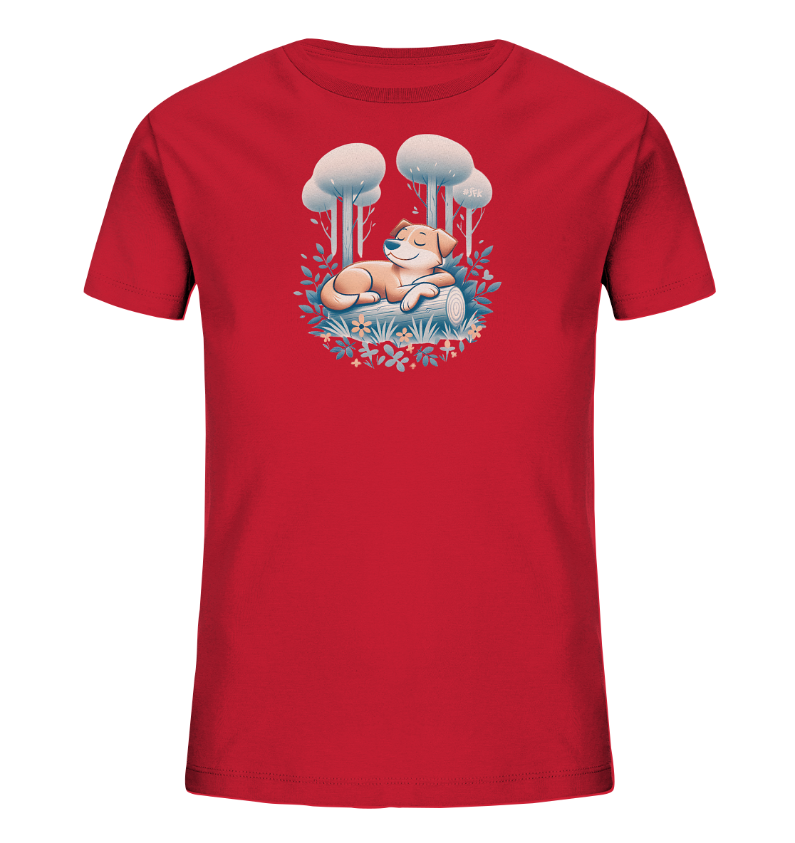 Onlineshop Shirts fuer Kinder - Das Bild zeigt ein rotes Kinder-T-Shirt mit einem aufgedruckten Motiv. Das Motiv stellt einen entspannten Hund dar, der auf einem Baumstamm liegt. Er ist umgeben von Pflanzen, Blumen und stilisierten Baeumen. Die Szene vermittelt eine ruhige Atmosphaere.