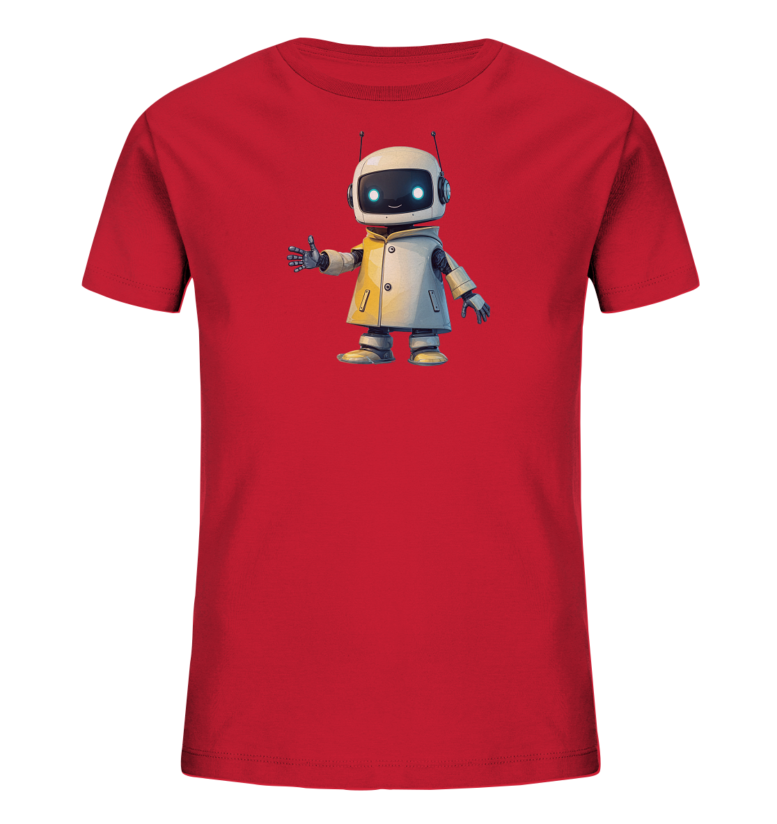 Onlineshop Shirts für Kinder - Das Bild zeigt ein rotes T-Shirt für Kinder mit einer zentralen Grafik auf der Vorderseite. Die Grafik stellt einen freundlich aussehenden Roboter in hellem Farbton dar, der eine Jacke trägt und den Daumen nach oben hält. Der Roboter hat große Augen, Kopfhörer und Antennen und steht aufrecht. Dieses Design verleiht dem Shirt einen modernen und verspielten Charakter.