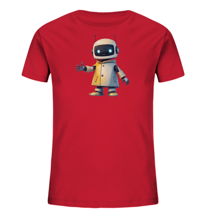 Onlineshop Shirts für Kinder - Das Bild zeigt ein rotes T-Shirt für Kinder mit einer zentralen Grafik auf der Vorderseite. Die Grafik stellt einen freundlich aussehenden Roboter in hellem Farbton dar, der eine Jacke trägt und den Daumen nach oben hält. Der Roboter hat große Augen, Kopfhörer und Antennen und steht aufrecht. Dieses Design verleiht dem Shirt einen modernen und verspielten Charakter.