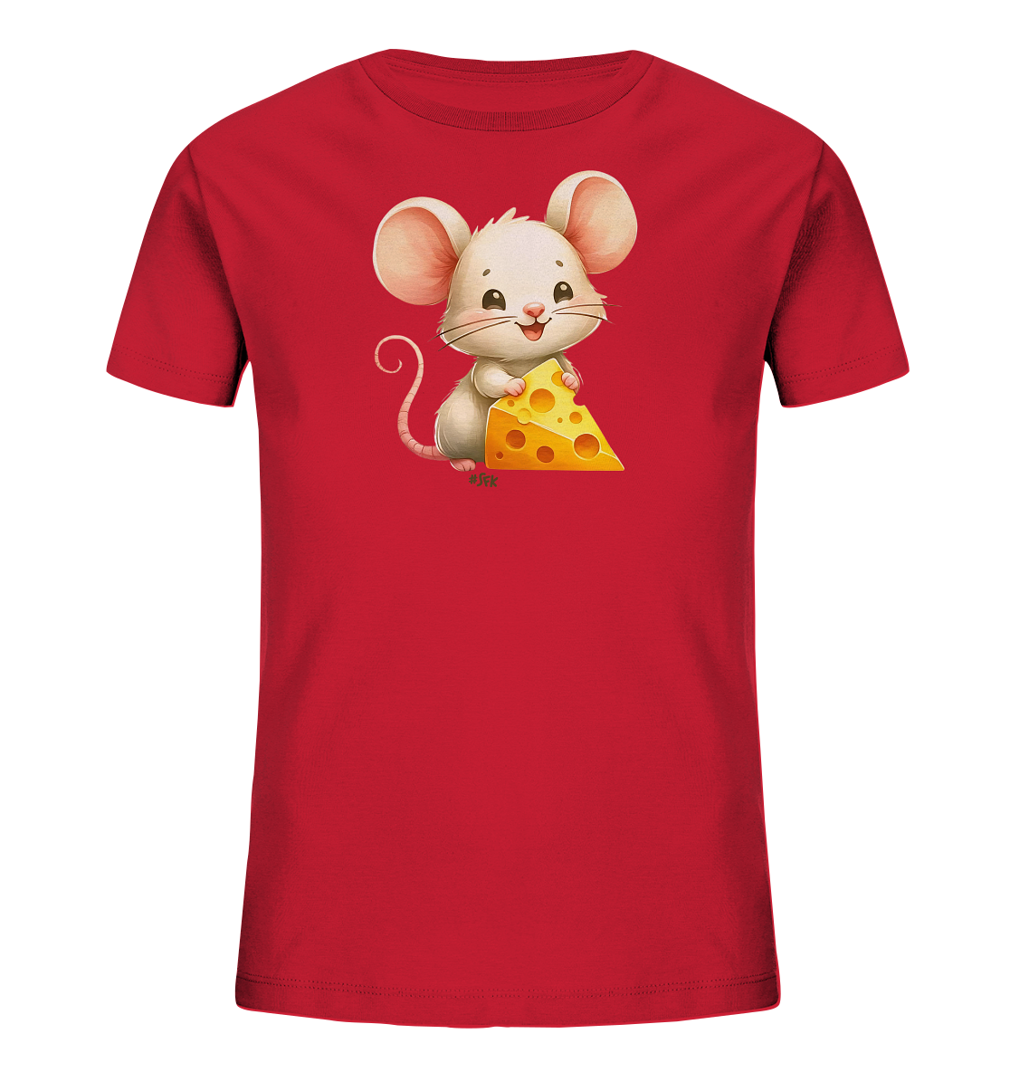 Onlineshop Shirts fuer Kinder - Das Bild zeigt ein rotes T-Shirt fuer Kinder mit einem niedlichen Druck auf der Vorderseite. Zu sehen ist eine freundlich laechelnde, weisse Cartoon-Maus mit grossen Ohren. Die Maus sitzt und haelt ein dreieckiges Stueck gelben Kaese mit Loechern in den Pfoten. Dieses Motiv ist mittig auf dem Shirt platziert und verleiht ihm ein lustiges Aussehen.