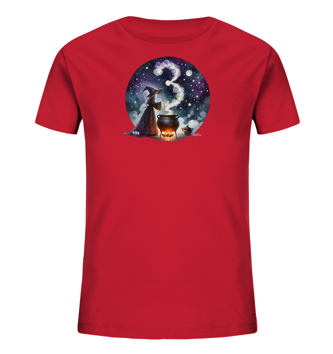 Onlineshop Shirts fuer Kinder - Das Bild zeigt ein rotes T-Shirt fuer Kinder mit einem runden Motiv. Es stellt einen Zauberer dar, der einen sprudelnden Kessel unter einem Nachthimmel mit Sternen und Mond ruehrt. Aus dem Kessel steigt Rauch oder Dampf in Form der Zahl Drei auf. Die Szene hat einen mystischen und kindgerechten Charakter.