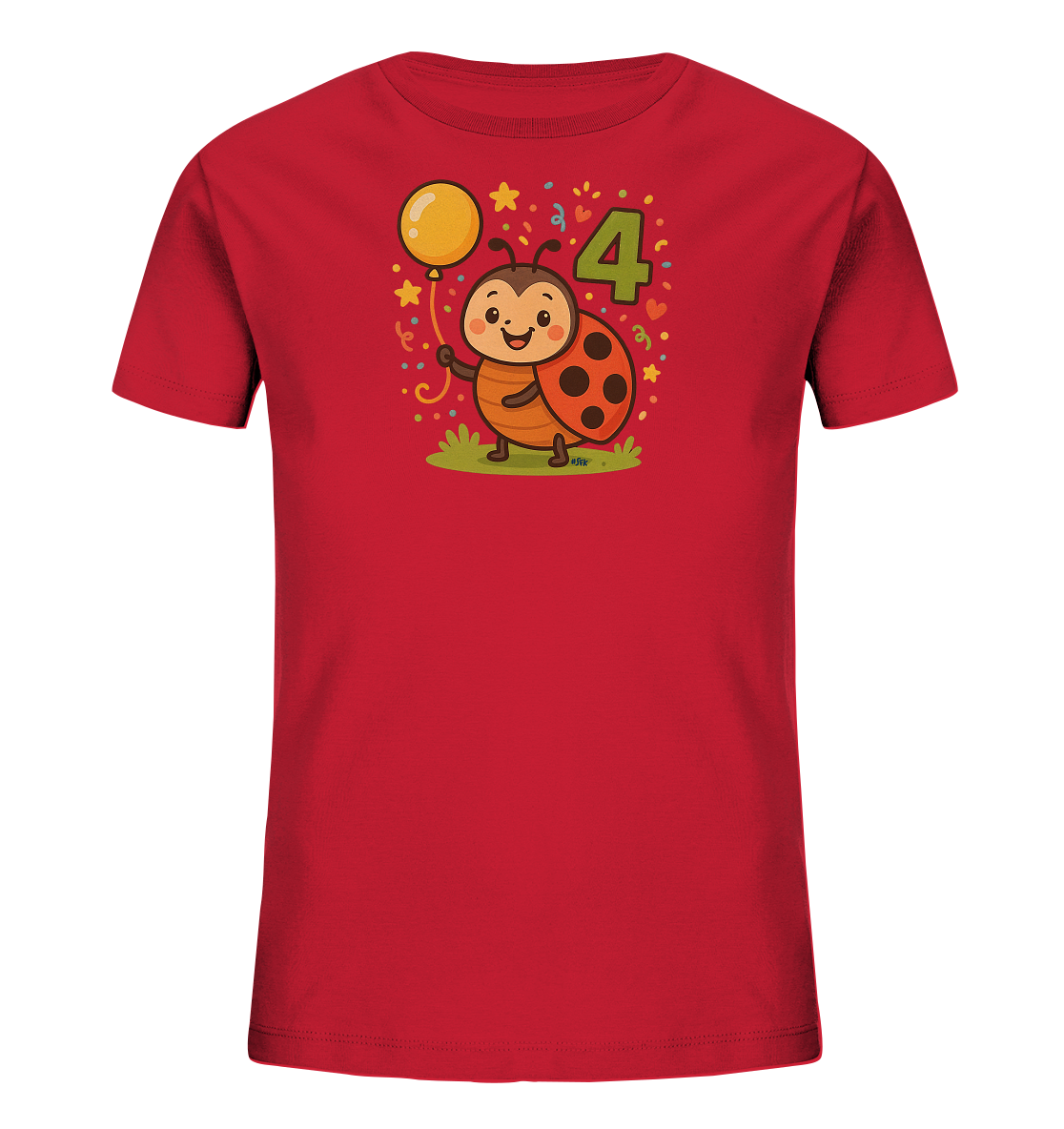 Onlineshop Shirts fuer Kinder - Dieses rote Kinder-T-Shirt zeigt ein lustiges Design mit einem freundlichen Marienkaefer. Der Marienkaefer haelt einen gelben Ballon und steht auf einer kleinen Grasflaeche. Neben ihm ist prominent die Zahl 4 in gruen dargestellt. Konfetti, Sterne und bunte Punkte umgeben das Motiv und verleihen ihm eine festliche Note.