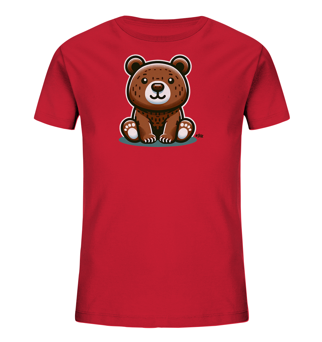Onlineshop Shirts fuer Kinder - Das Bild zeigt ein rotes Kinder-T-Shirt mit einem zentralen, cartoonhaften Motiv eines braunen Baeren. Der Baer sitzt aufrecht, hat grosse Augen und ein freundliches Laecheln auf seinem Gesicht. Seine Felltextur ist detailreich dargestellt und er sitzt auf einem stilisierten, ovalen Untergrund. Das Design ist freundlich und ansprechend gestaltet.
