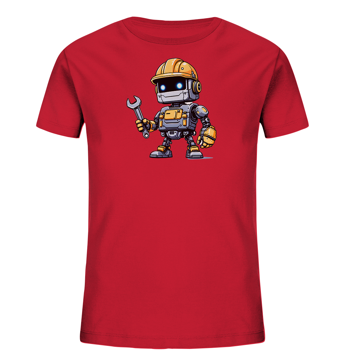 Onlineshop Shirts für Kinder - Dieses Bild zeigt ein rotes Kinder-T-Shirt, bedruckt mit einer Grafik eines kleinen, cartoonhaften Roboters. Der Roboter trägt einen gelben Bauhelm und gelbe Kopfhörer und hält einen silbernen Schraubenschlüssel in der Hand. Seine Augen leuchten blau, und sein Körper ist grau mit gelben Akzenten, was ihm ein fleißiges Aussehen verleiht. Die detailreiche Illustration des Roboters ist zentral auf der Vorderseite des Shirts platziert und wirkt freundlich und robust.