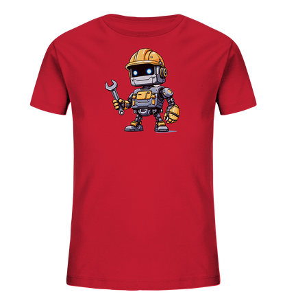 Onlineshop Shirts für Kinder - Dieses Bild zeigt ein rotes Kinder-T-Shirt, bedruckt mit einer Grafik eines kleinen, cartoonhaften Roboters. Der Roboter trägt einen gelben Bauhelm und gelbe Kopfhörer und hält einen silbernen Schraubenschlüssel in der Hand. Seine Augen leuchten blau, und sein Körper ist grau mit gelben Akzenten, was ihm ein fleißiges Aussehen verleiht. Die detailreiche Illustration des Roboters ist zentral auf der Vorderseite des Shirts platziert und wirkt freundlich und robust.