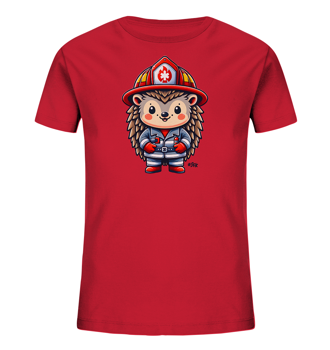 Onlineshop Shirts fuer Kinder - Das Bild zeigt ein rotes Kinder-T-Shirt. Auf der Vorderseite ist eine Illustration eines suessen Igels in einer Feuerwehrmontur abgebildet. Der Igel traegt einen roten Helm und eine graue Uniform mit blauen Streifen. Das Design ist detailreich und freundlich gestaltet.