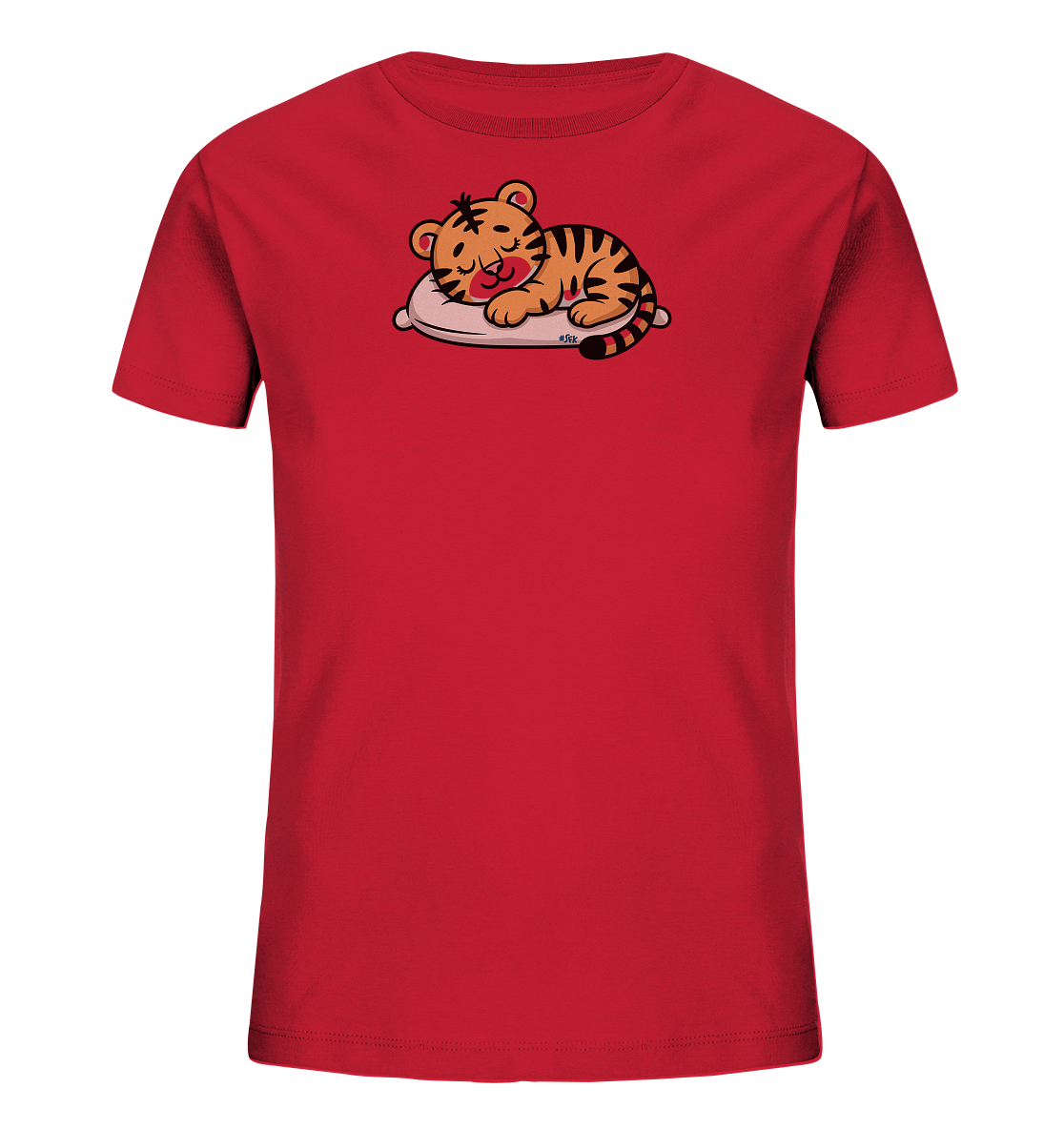 Onlineshop Shirts fuer Kinder - Das Bild zeigt ein rotes Kinder-T-Shirt mit einem niedlichen Motiv auf der Vorderseite. Darauf ist ein schlafender, orangefarbener Tigerwelpe abgebildet, der gemuetlich auf einem hellen Kissen liegt. Das Design ist in einem freundlichen Cartoon-Stil gehalten und wirkt sehr friedlich. Die liegende Position des Tigers verleiht dem Shirt einen beruhigenden Charakter.