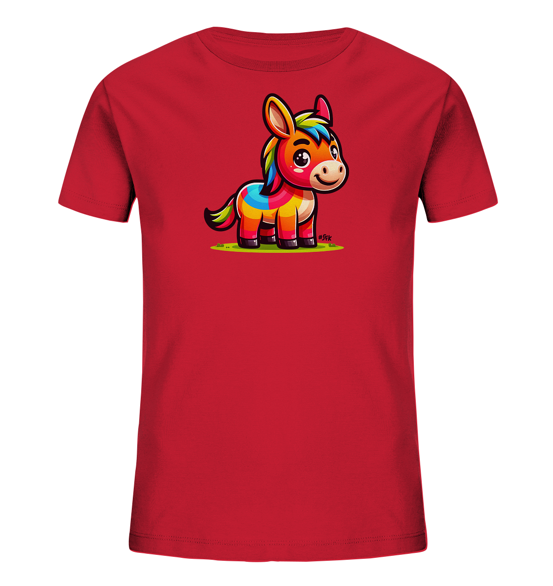 Onlineshop Shirts fuer Kinder - Dieses rote Kinder-T-Shirt zeigt eine farbenfrohe Illustration eines freundlichen Esels. Der Esel ist im Cartoon-Stil gestaltet und traegt leuchtende Regenbogenfarben auf seinem Koerper, seiner Maehne und seinem Schweif. Er steht auf einer kleinen gruenen Flaeche. Das Motiv verleiht dem Shirt eine froehliche und kindgerechte Ausstrahlung.