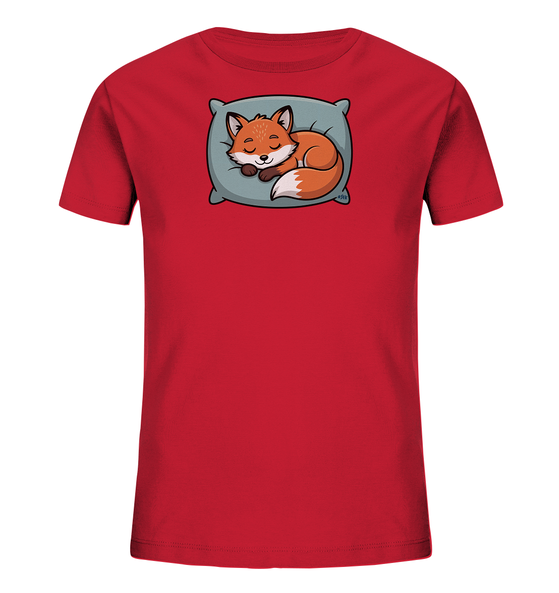 Onlineshop Shirts fuer Kinder - Das Bild zeigt ein rotes T-Shirt fuer Kinder. Auf der Vorderseite ist eine detailreiche Illustration eines schlafenden Fuchses zu sehen. Der orangefarbene Fuchs liegt friedlich zusammengerollt auf einem blaugrauen Kissen. Das Motiv verleiht dem Shirt einen ruhigen und niedlichen Charakter.