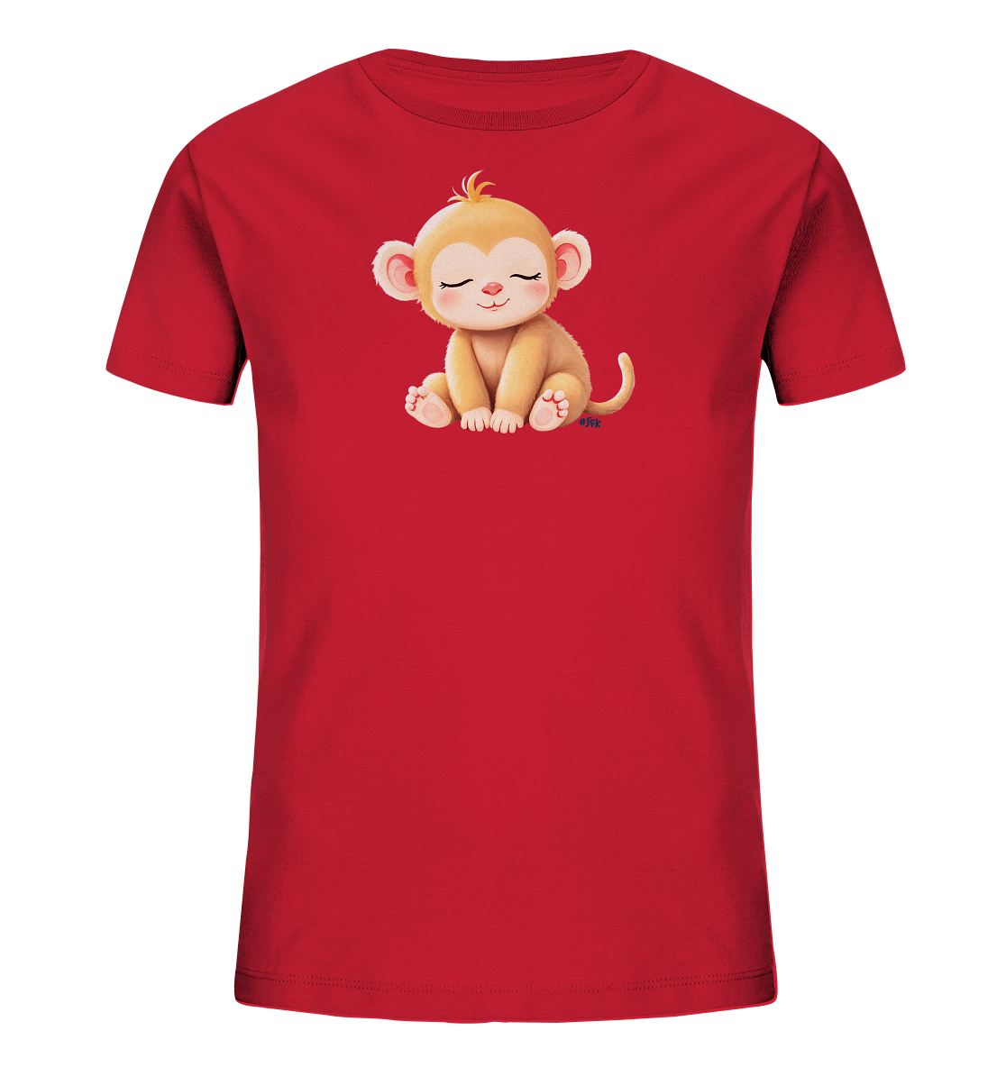 Onlineshop Shirts fuer Kinder - Das Bild zeigt ein leuchtend rotes Kinder-T-Shirt. Auf der Vorderseite ist eine detailreiche Illustration eines niedlichen, hellbraunen Affen zu sehen. Der Affe sitzt entspannt mit geschlossenen Augen und einem friedlichen Ausdruck. Das Motiv verleiht dem Shirt einen liebenswerten und verspielten Charakter.