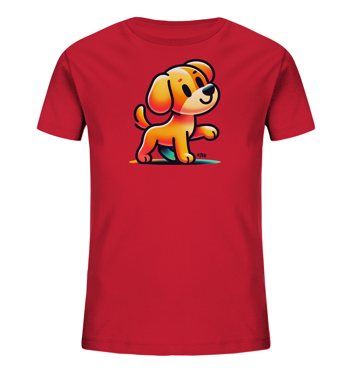Kinder T-Shirt mit hellbraunem Cartoon-Hund, Lächeln und erhobener Pfote