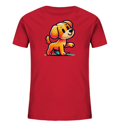 Kinder T-Shirt mit hellbraunem Cartoon-Hund, Lächeln und erhobener Pfote