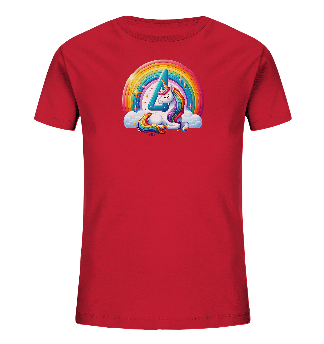 Onlineshop Shirts fuer Kinder - Dieses rote T-Shirt fuer Kinder praesentiert ein maerchenhaftes Motiv mit einem liegenden Einhorn auf Wolken. Hinter dem Einhorn spannt sich ein bunter Regenbogen, umgeben von funkelnden Sternen. Die Zahl '4' ist gross und auffaellig im Zentrum des Designs platziert. Das T-Shirt bietet ein lebhaftes und fantasievolles Design, das Kinder begeistern wird.
