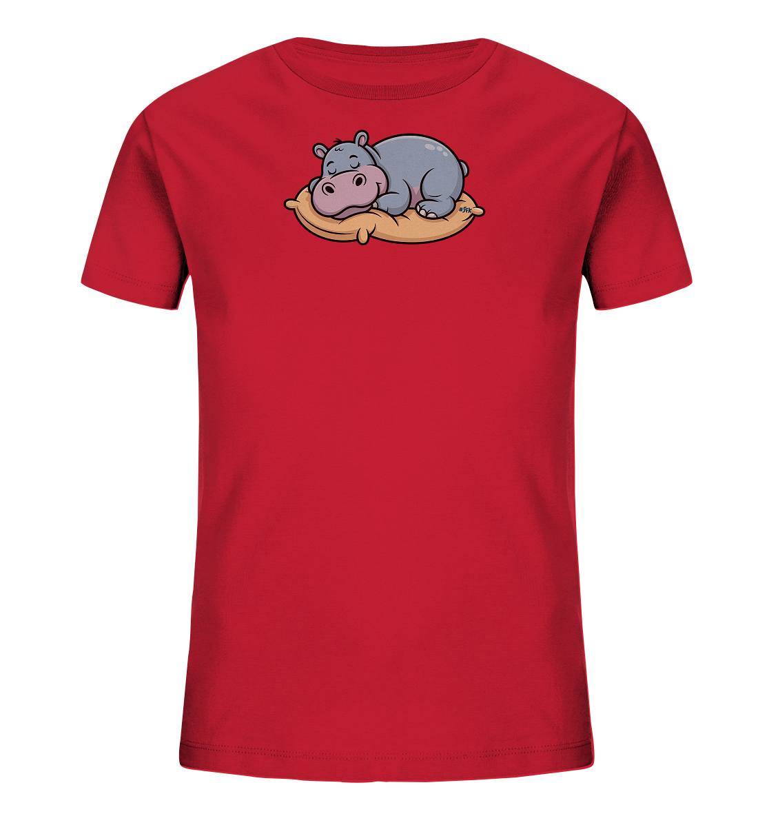 Onlineshop Shirts fuer Kinder - Das Bild zeigt ein rotes Kinder-T-Shirt. Auf der Vorderseite ist ein suesses, graues Nilpferd abgebildet, das friedlich auf einem beigefarbenen Kissen schlaeft. Das Nilpferd hat rosa Akzente und geschlossene Augen, was einen ruhigen und niedlichen Ausdruck vermittelt. Das Design ist schlicht und ansprechend fuer junge Traeger.