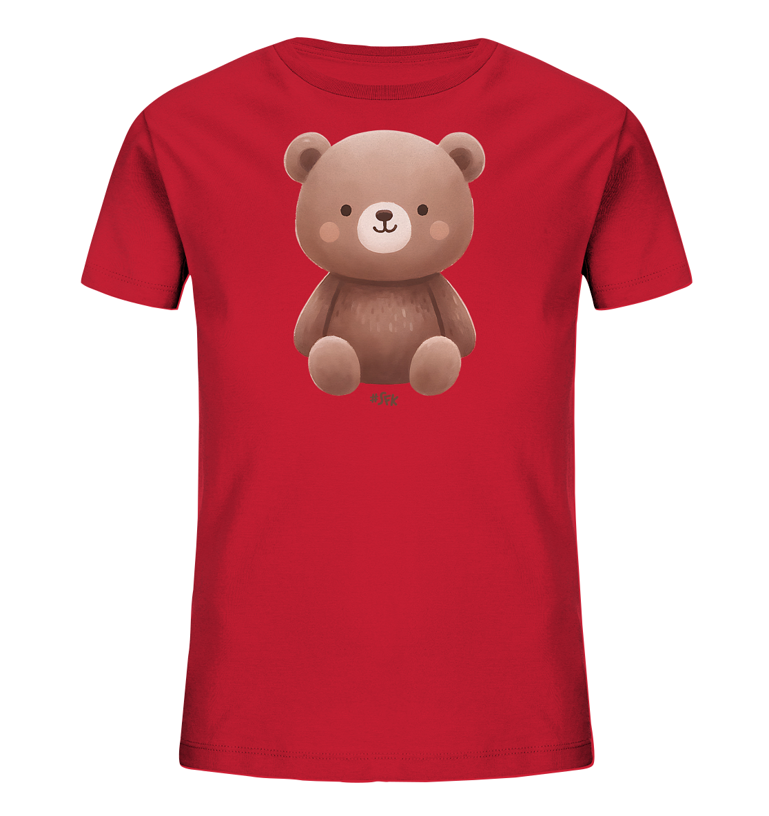Onlineshop Shirts fuer Kinder - Das Bild zeigt ein leuchtend rotes Kinder-T-Shirt mit einem zentral platzierten Motiv eines sitzenden Baeren. Der Baer ist braun dargestellt, hat runde Ohren, eine kleine Schnauze und rosige Wangen, was ihm ein freundliches Aussehen verleiht. Das Design ist schlicht und fokussiert sich auf die niedliche Illustration des Tieres.