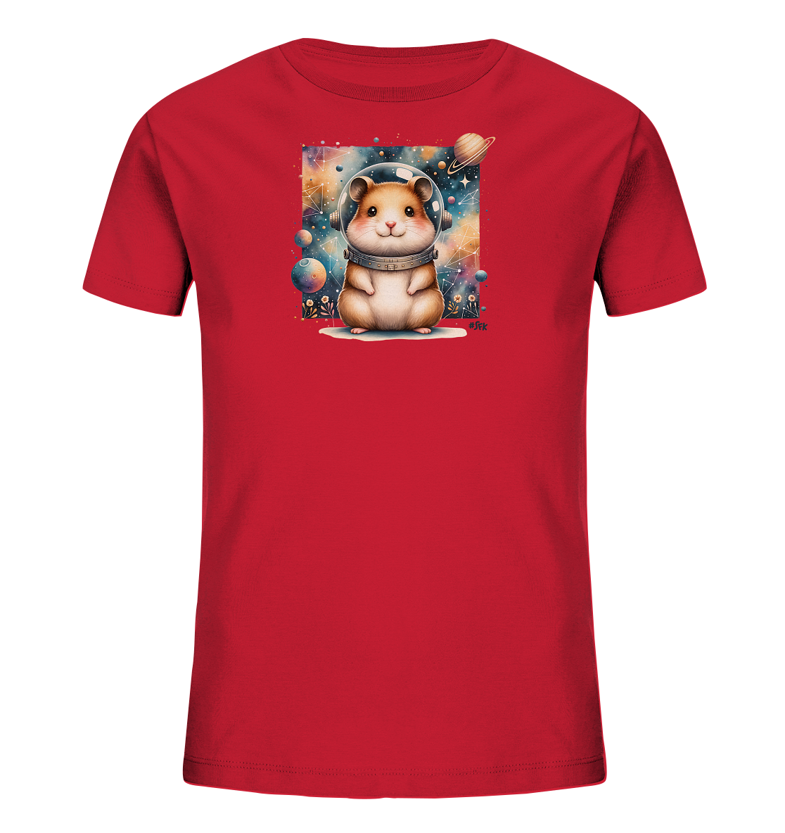 Onlineshop Shirts fuer Kinder - Das Bild zeigt ein rotes Kinder-T-Shirt mit einem suessen Motiv auf der Vorderseite. Die Illustration zeigt einen Hamster, der einen Astronautenhelm traegt. Im Hintergrund ist eine detailreiche Weltallszene mit Planeten, Sternen und farbigen Nebeln zu sehen. Das Design ist froehlich und verspielt.