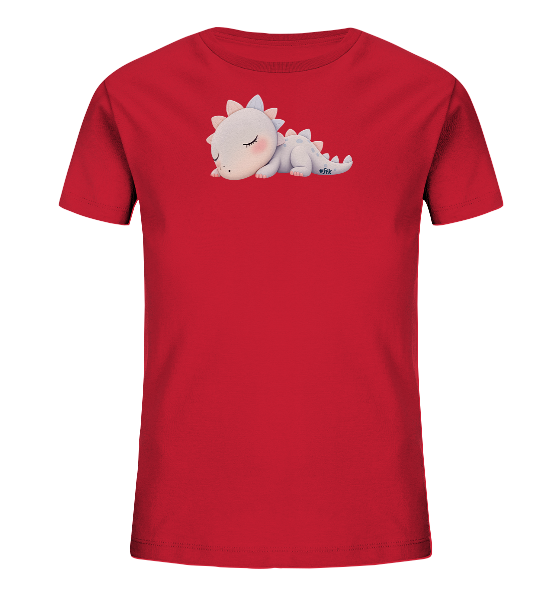 Onlineshop Shirts fuer Kinder - Das Bild zeigt ein leuchtend rotes Kinder-T-Shirt. Auf der Vorderseite ist eine niedliche Illustration eines schlafenden Drachen oder Dinosauriers abgebildet. Das hellbeige Wesen liegt friedlich da, mit geschlossenen Augen und kleinen Stacheln auf dem Ruecken. Das Motiv verleiht dem Shirt einen suessen und ruhigen Charakter, ideal fuer kleine Kinder.