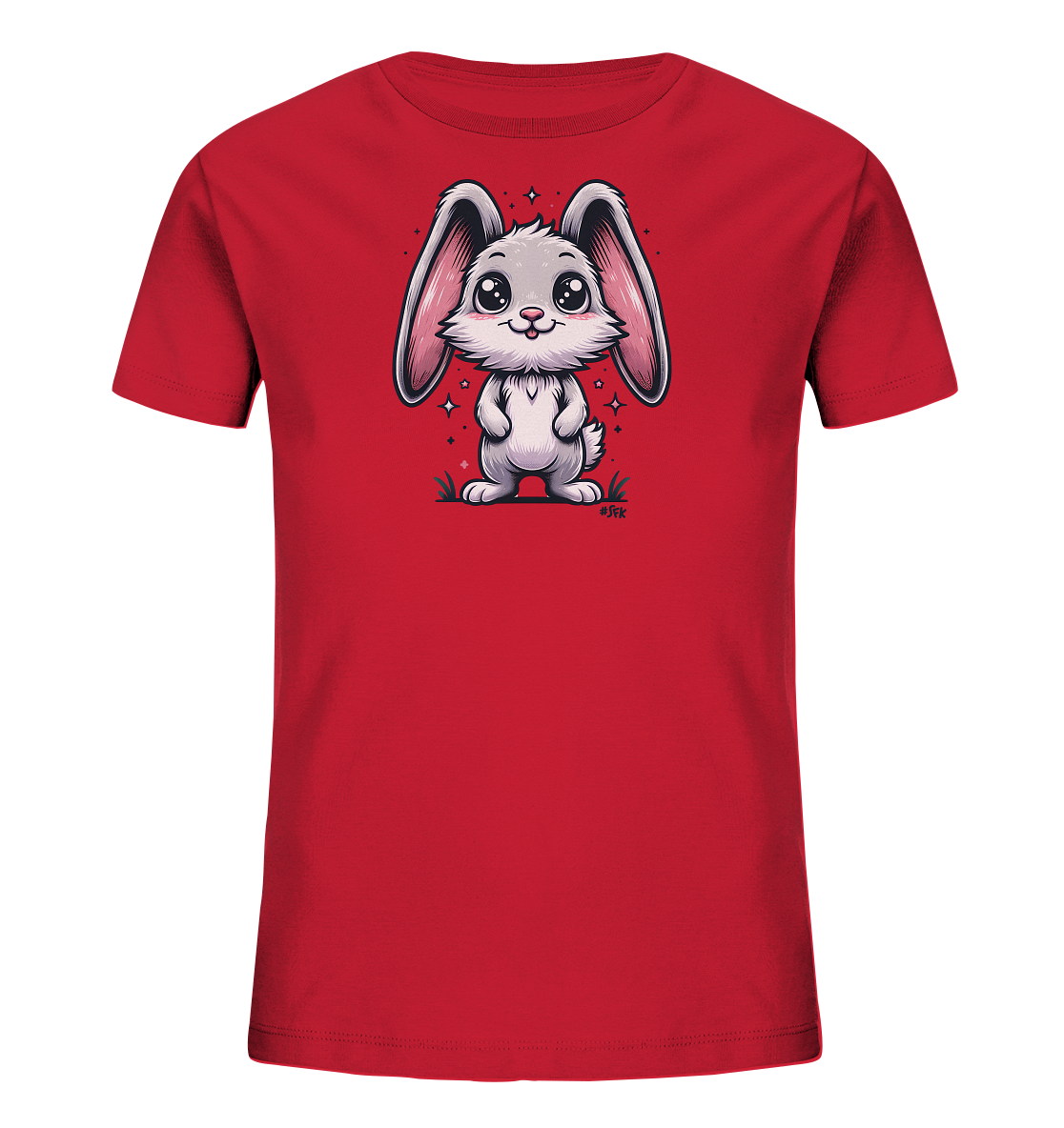 Onlineshop Shirts fuer Kinder - Das Bild zeigt ein leuchtend rotes Kinder-T-Shirt. Auf der Vorderseite ist eine Illustration eines suessen, cartoonhaften Hasen mit grossen Ohren abgebildet. Der Hase steht in einer Wiese, umgeben von funkelnden Sternen, und blickt freundlich nach vorne. Das Design wirkt verspielt und ansprechend fuer Kinder.