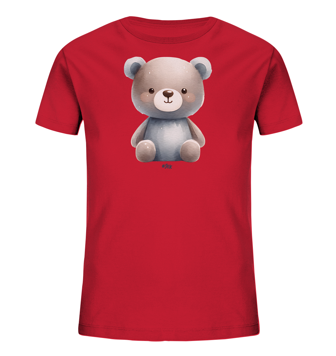 Onlineshop Shirts fuer Kinder - Das Bild zeigt ein rotes T-Shirt fuer Kinder mit einem niedlichen Teddybaer-Motiv auf der Vorderseite. Der sitzende Teddybaer ist in Brauntoenen mit grauen Akzenten dargestellt und hat einen freundlichen Gesichtsausdruck. Das Motiv ist zentriert auf dem Shirt platziert und wirkt detailreich gestaltet. Ein klassisches und suesses Design fuer ein Kinder-T-Shirt.