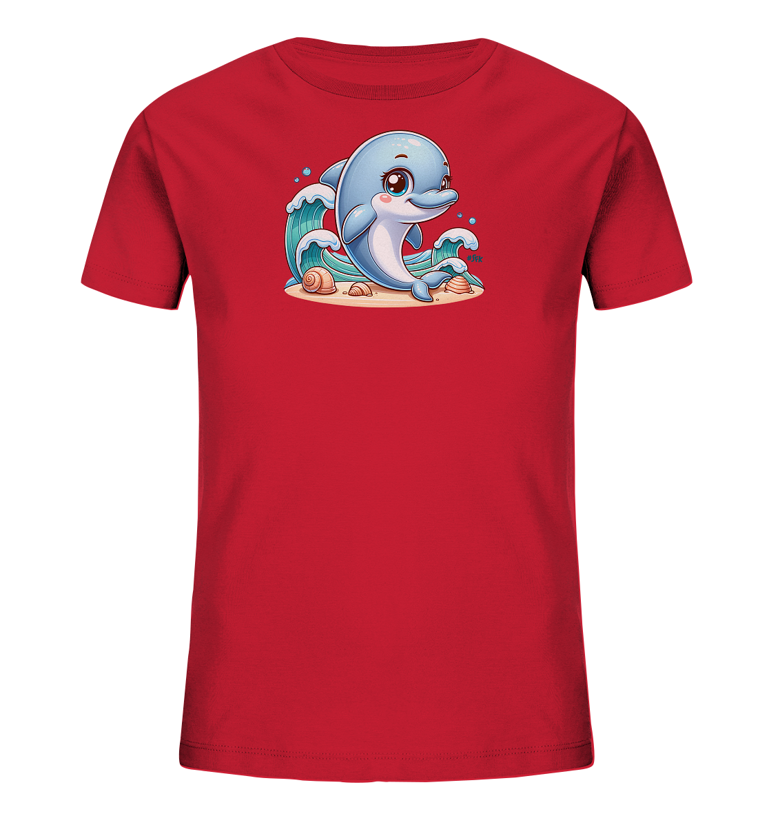Onlineshop Shirts fuer Kinder - Das Bild zeigt ein rotes Kinder-T-Shirt mit einem froehlichen Druck auf der Vorderseite. Zu sehen ist ein niedlicher, blauer Cartoon-Delfin, der in stilisierten Wellen schwimmt. Muscheln und Sand sind ebenfalls im Motiv dargestellt, was eine sommerliche Szene am Strand oder im Meer zeigt. Das Design ist farbenfroh und kindgerecht gestaltet.