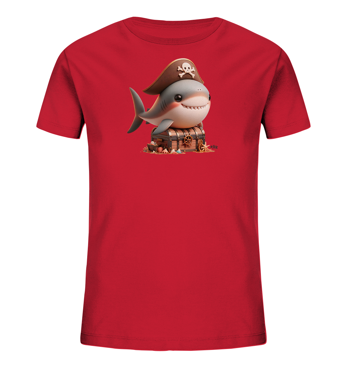 Onlineshop Shirts fuer Kinder - Dieses rote Kinder-T-Shirt zeigt ein lustiges Motiv eines Cartoon-Hais mit Piratenhut. Der freundliche Hai sitzt auf einer Schatzkiste, umgeben von Muscheln und Sand. Das Design ist farbenfroh und detailliert.
