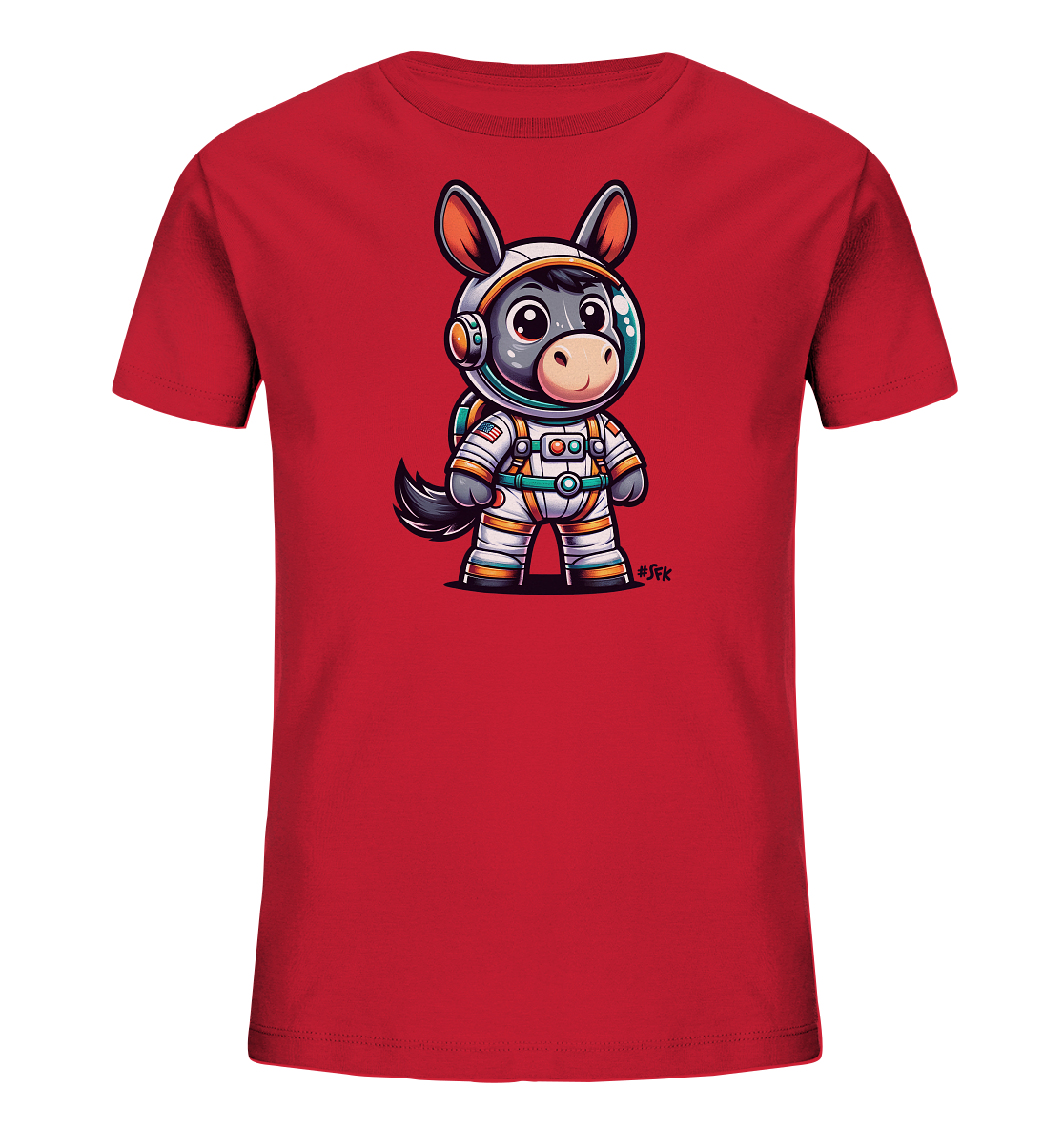 Onlineshop Shirts fuer Kinder - Das Bild zeigt ein rotes T-Shirt fuer Kinder. Auf der Vorderseite ist eine niedliche, cartoonhafte Illustration eines Esels. Der Esel traegt einen Astronautenanzug mit Helm und Rucksack. Das Design wirkt verspielt und farbenfroh.