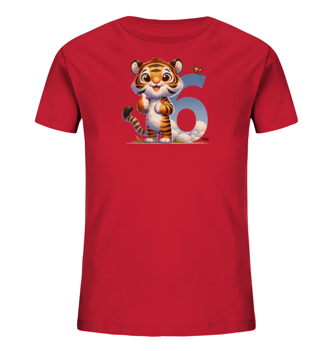 Onlineshop Shirts fuer Kinder - Das rote Kinder T-Shirt praesentiert eine farbenfrohe Illustration eines niedlichen Cartoon-Tigers auf der Vorderseite. Der Tiger steht und gibt einen Daumen hoch, waehrend er laechelt. Hinter der Figur befindet sich eine grosse Zahl '6', die mit einem Himmel-und-Wolken-Muster gefuellt ist. Ein kleiner orangefarbener Schmetterling fliegt oberhalb der Zahl.