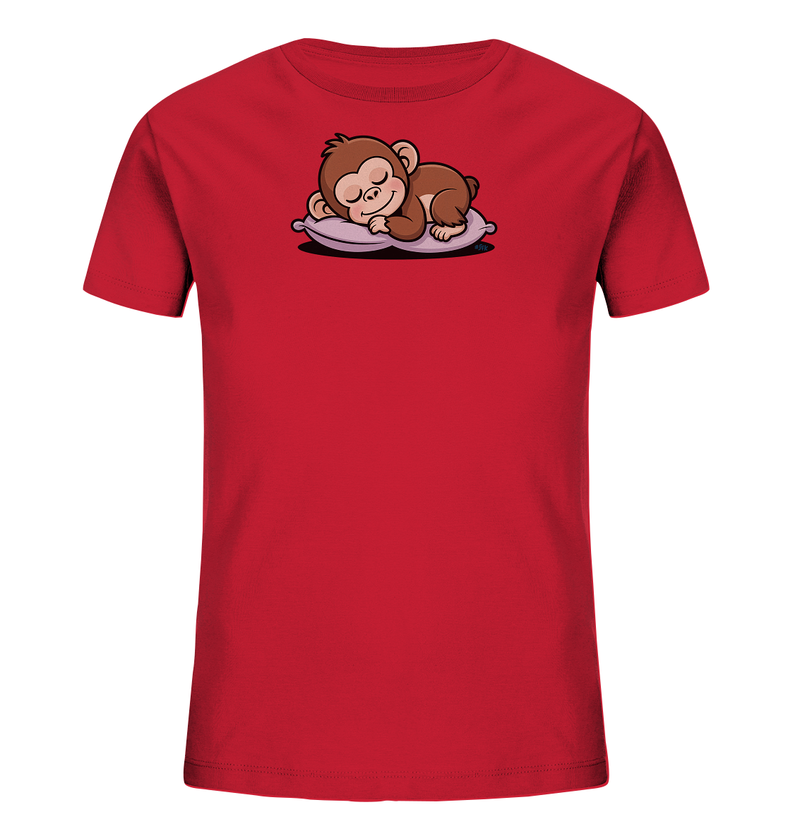 Onlineshop Shirts fuer Kinder - Das Bild zeigt ein rotes Kinder-T-Shirt. Auf der Vorderseite ist ein suesser, brauner Cartoon-Affe abgebildet, der friedlich auf einem lila Kissen schlaeft. Der Affe hat geschlossene Augen und einen entspannten Ausdruck. Das Design verleiht dem Shirt eine beruhigende und niedliche Ausstrahlung.