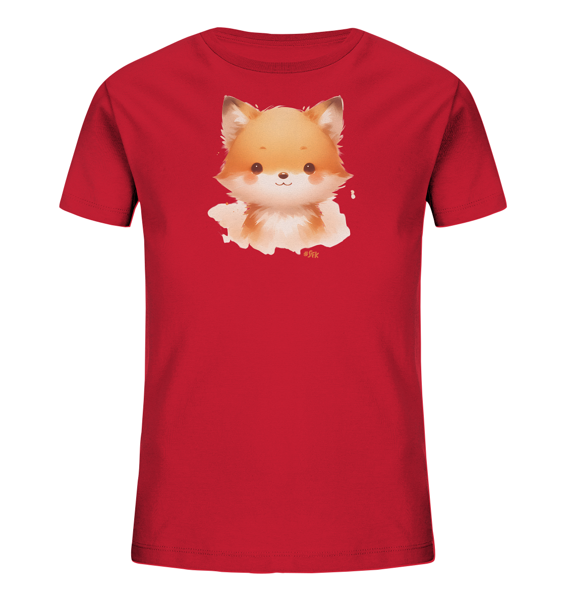 Onlineshop Shirts fuer Kinder - Das Bild zeigt ein rotes Kinder-T-Shirt mit einem niedlichen Fuchsmotiv auf der Vorderseite. Die Illustration stellt den Kopf eines kleinen, freundlich blickenden Fuchses dar. Das Design wirkt wie eine gemalte Darstellung mit weichen Kanten und warmen Farben. Es ist ein froehliches Motiv, das gut zu einem Kinder-Shirt passt.