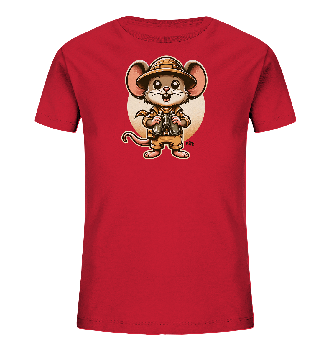 Onlineshop Shirts fuer Kinder - Das rote T-Shirt zeigt eine cartoonhafte Maus als Abenteurer mit Hut und Fernglas. Hinter der Maus ist ein heller Kreis. Die Illustration ist freundlich, farbenfroh und ideal fuer Kinder.