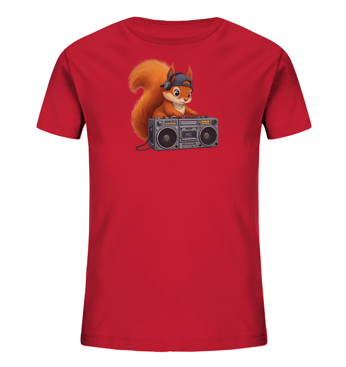 Onlineshop Shirts fuer Kinder - Das Bild zeigt ein rotes Kinder-T-Shirt mit einem detailreichen Aufdruck. Im Zentrum steht ein Eichhoernchen, das Kopfhoerer traegt und hinter einer Boombox steht. Die Illustration verleiht dem Shirt einen verspielten und musikalischen Charakter. Es ist eine neutrale Ansicht des Kleidungsstuecks.