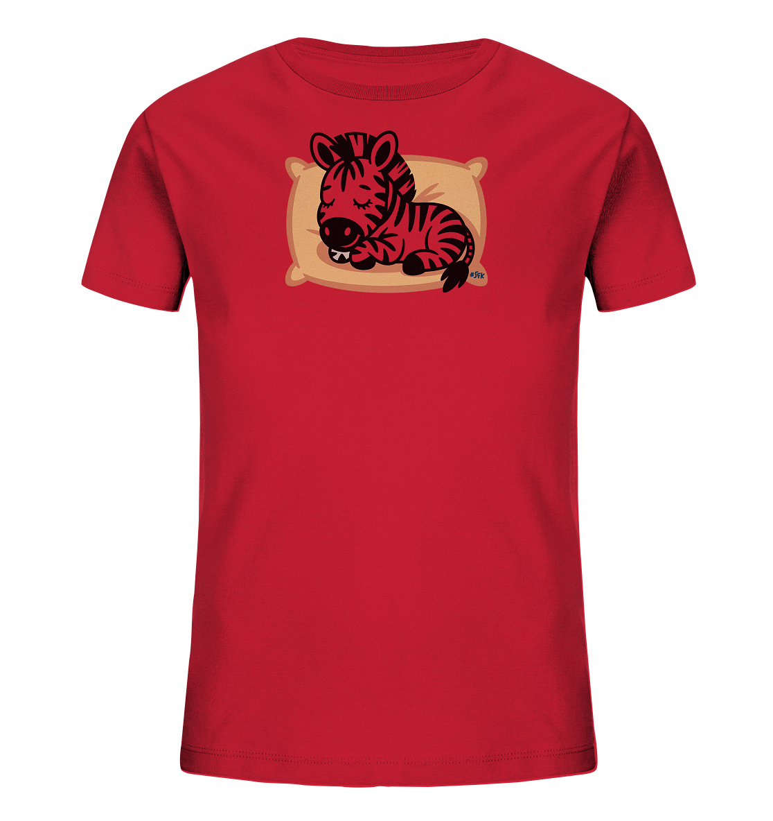 Onlineshop Shirts fuer Kinder - Das Bild zeigt ein rotes Kinder-T-Shirt mit einem niedlichen Motiv in der Mitte. Eine cartoonartige rot-schwarz gestreifte Zebrafigur liegt friedlich schlafend auf einem hellbraunen Kissen. Die Augen des Zebras sind geschlossen und es sind kleine, weisse Zaehne erkennbar. Das Design wirkt liebevoll und kindgerecht.