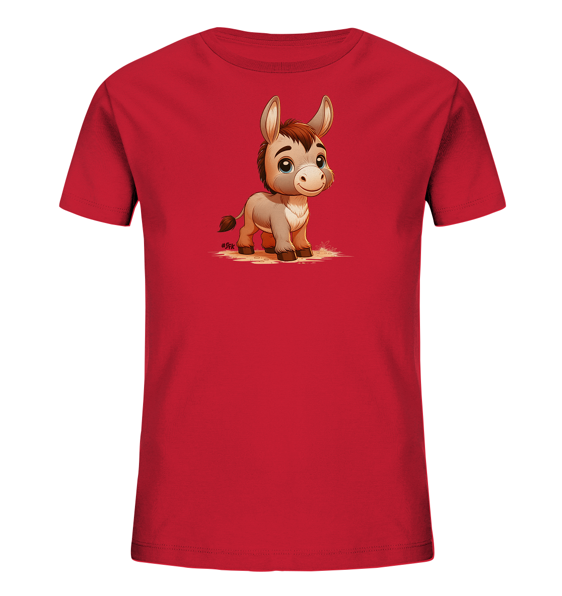Onlineshop Shirts fuer Kinder - Das Bild zeigt ein rotes T-Shirt fuer Kinder. Auf der Vorderseite ist eine charmante Illustration eines kleinen Esels zu sehen. Der Esel hat grosse blaue Augen und steht auf hellem Boden. Das Design ist froehlich und ansprechend fuer Kinder.