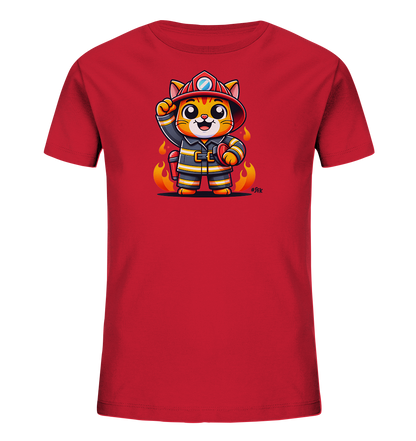 Kinder T-Shirt mit eine winkende Cartoon-Katze als Feuerwehrfigur mit Helm und Uniform