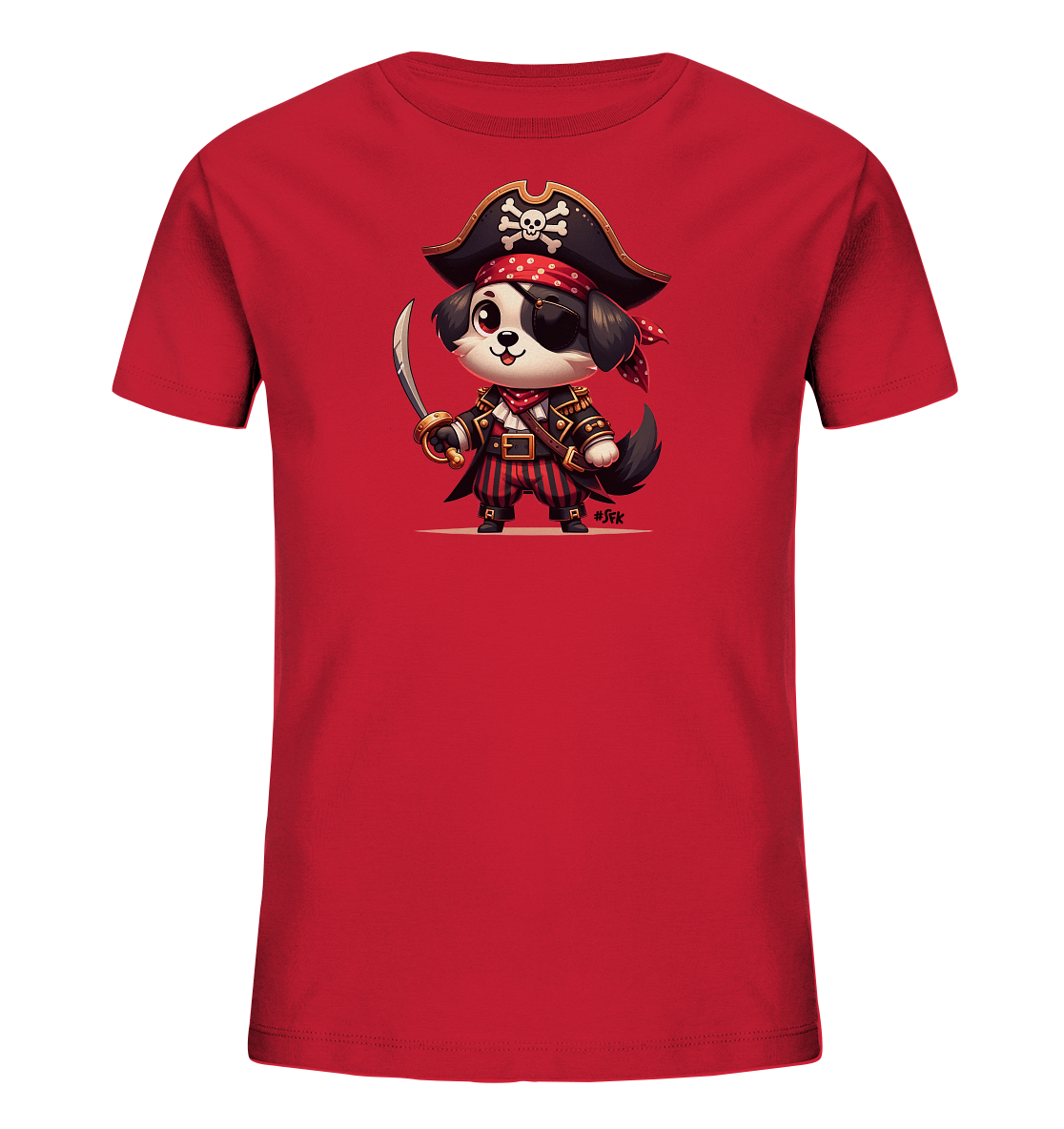 Onlineshop Shirts fuer Kinder - Das Bild zeigt ein rotes T-Shirt mit einem farbenfrohen Druck. Zu sehen ist ein niedlicher Cartoon-Hund, der als Pirat verkleidet ist. Er traegt einen Piratenhut mit Totenkopf, eine Augenklappe und haelt ein Schwert in der Pfote. Das Design ist detailreich und verspielt, ideal fuer kleine Abenteurer.