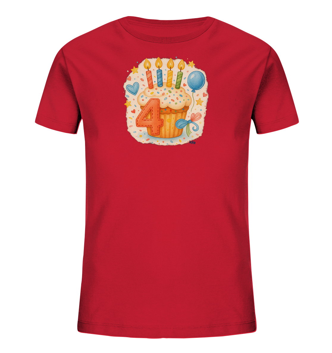 Onlineshop Shirts fuer Kinder - Das Bild zeigt ein rotes T-Shirt fuer Kinder mit einem Geburtstagsthema. Auf der Vorderseite ist ein Cupcake mit vier brennenden Kerzen und einer grossen Zahl Vier abgebildet. Das Motiv ist von Sternen, einem Herz und einem Ballon umgeben, was dem Design einen festlichen Charakter verleiht. Die Grafik ist farbenfroh und detailliert gestaltet.